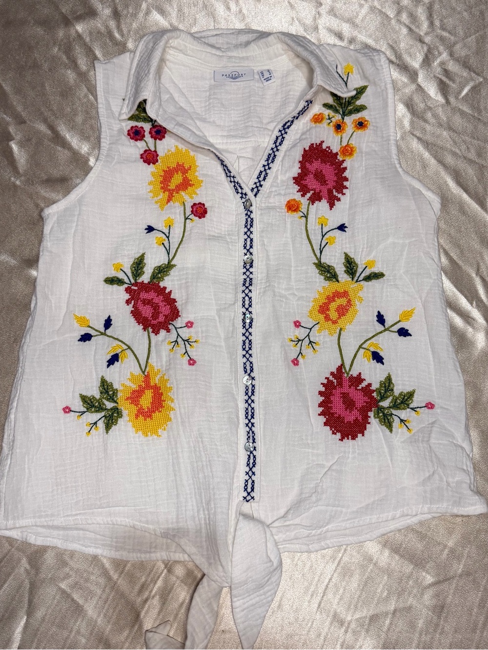 Susan Graver PASSPORT Embroidered Cotton Gauze Tie-Front Shirt Small A647445